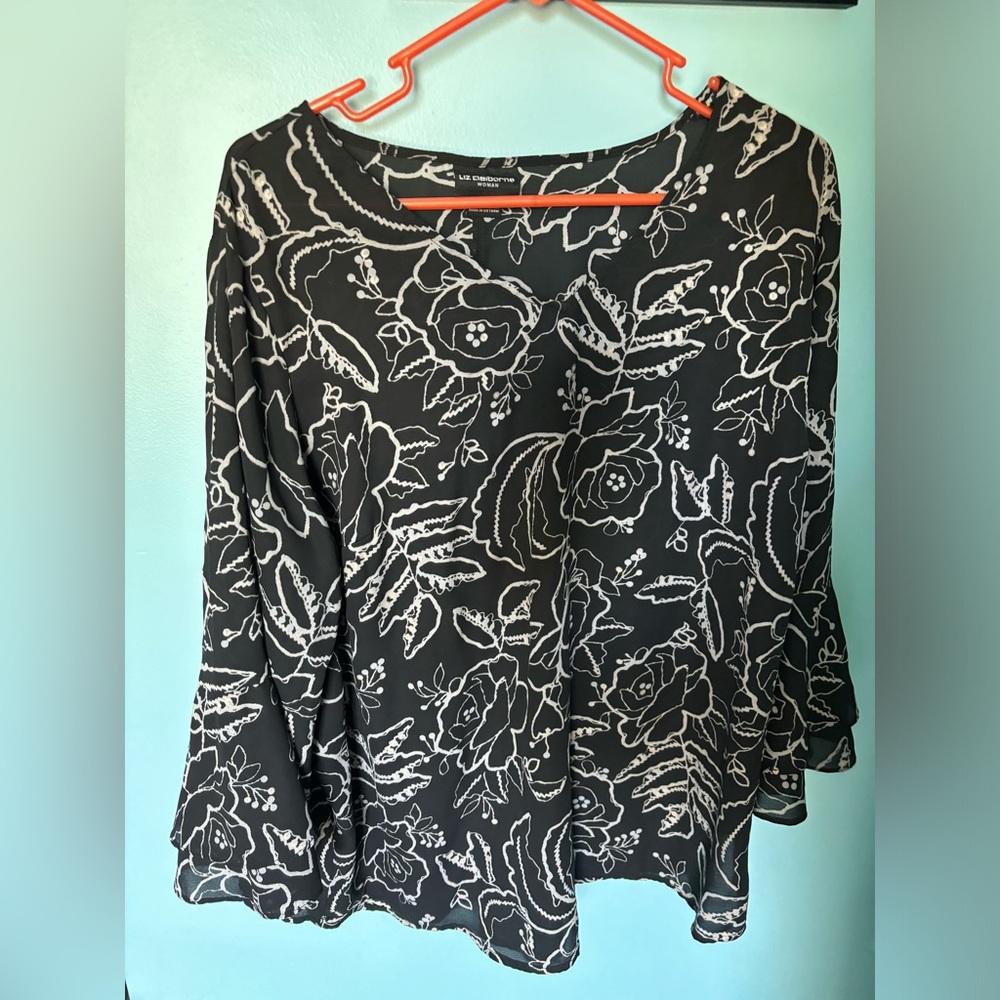 Plus size black and white blouse with 3/4 bell sleeves